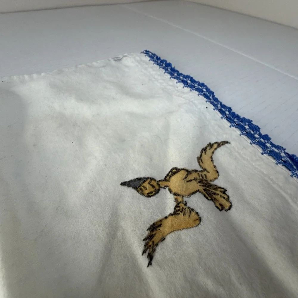 Vintage Cross Stitch Mickey Mouse &‎ Bird White Pillow Case Blue Crochet Small